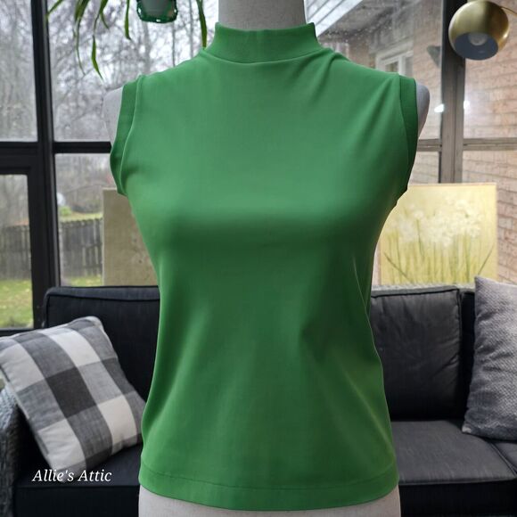 2 Sleeveless 70s Turtleneck Tops Shirt Zip Polyester Yellow Green Donnkenny S/M - Picture 3 of 12